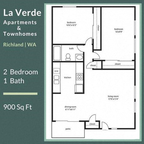 Floor plan for 2 beds, 1 bath, 900 sqft